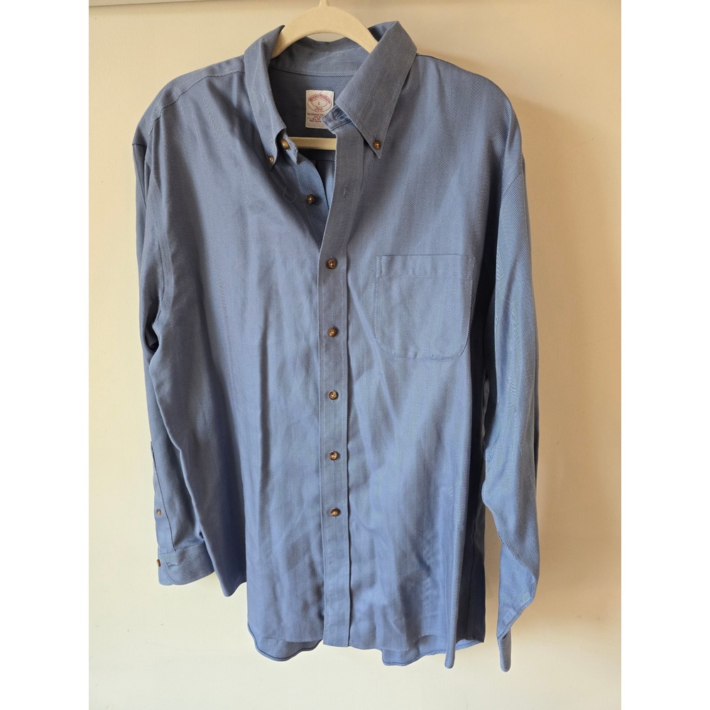 Brooks Brothers 346 Mens Blue Herringbone Non-Iron Cotton Shirt Large L